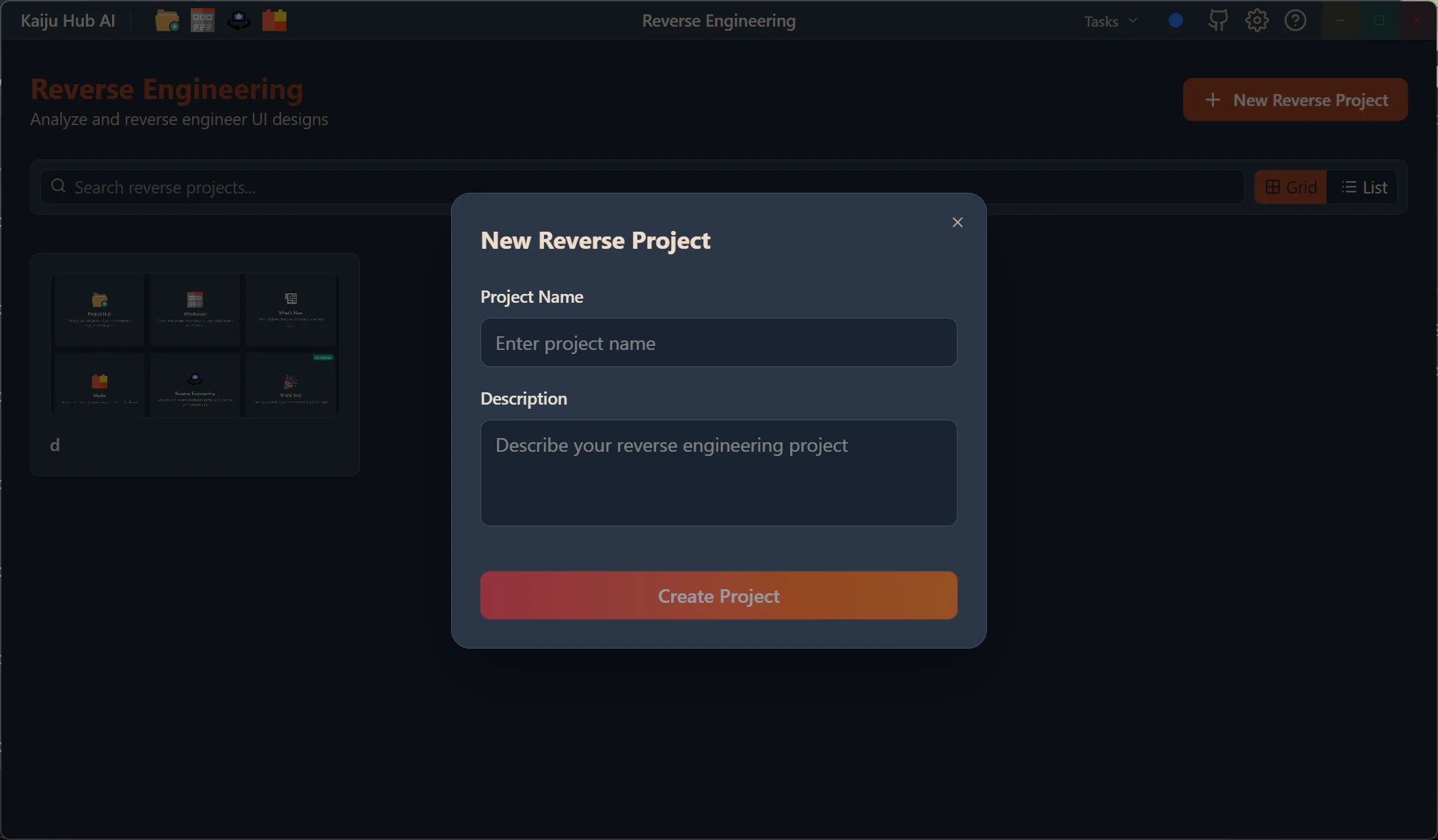New Reverse Project dialog with project name and description fields