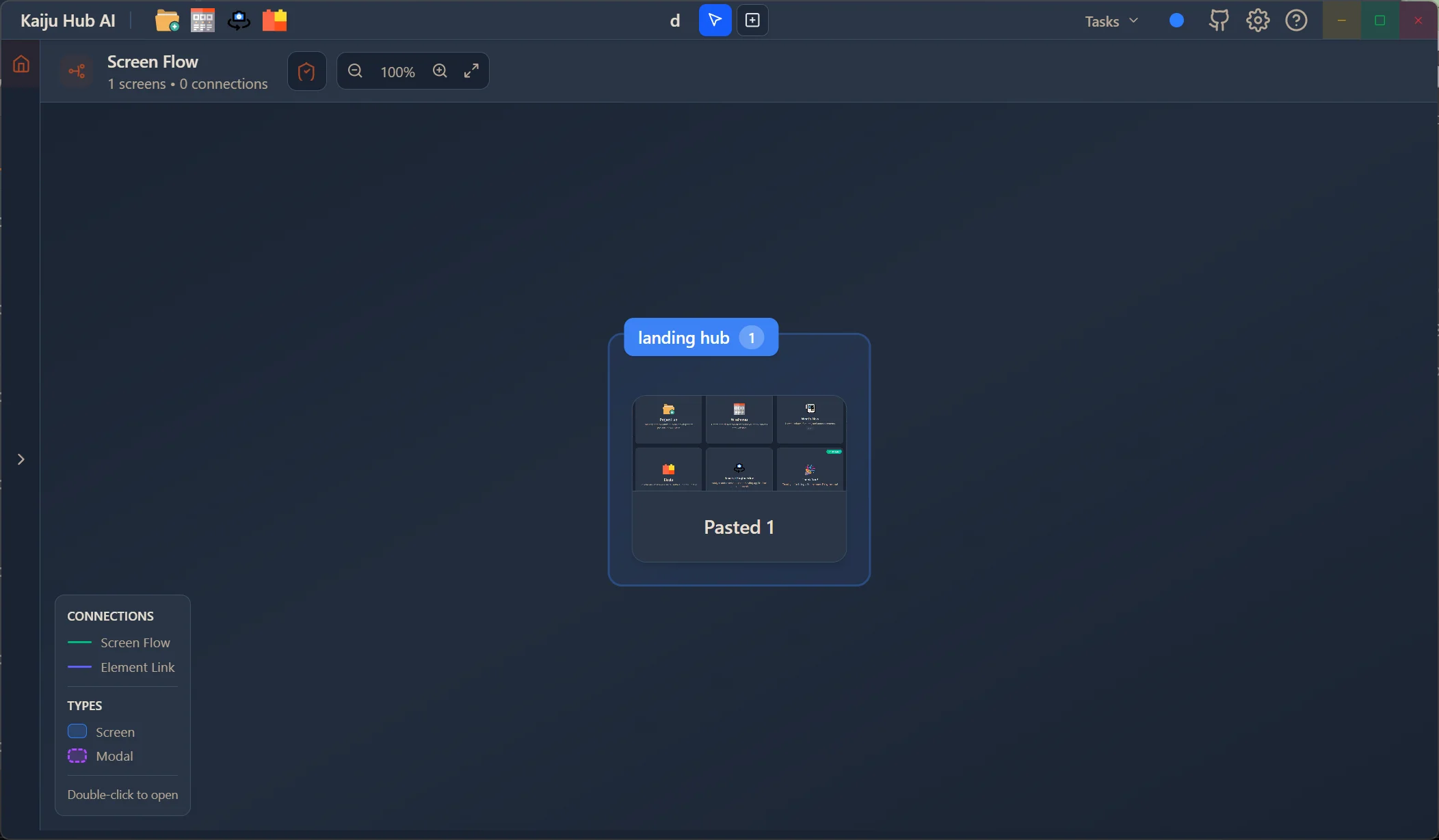Screen Flow canvas showing groups with screen connections and type legend