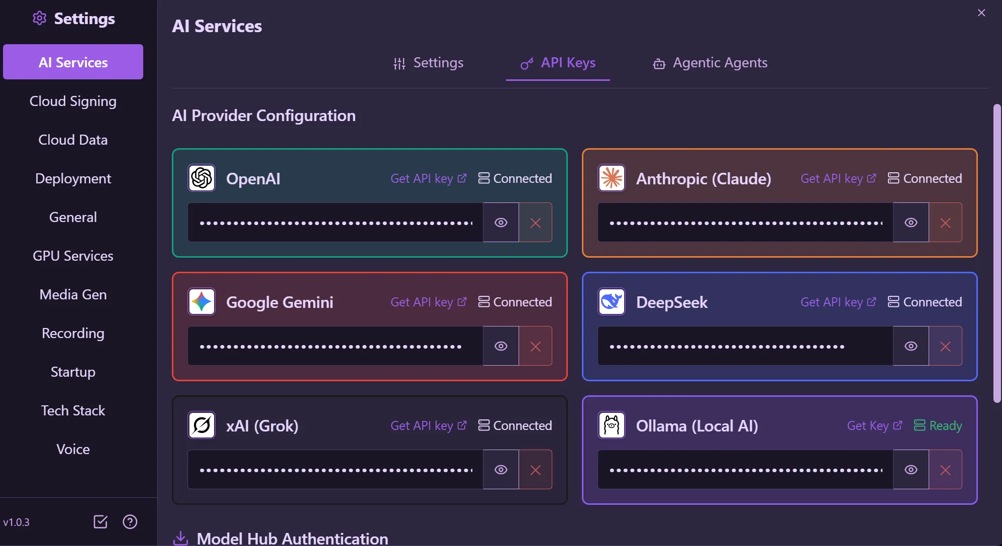 AI Services API Keys — manage provider API keys and connection status