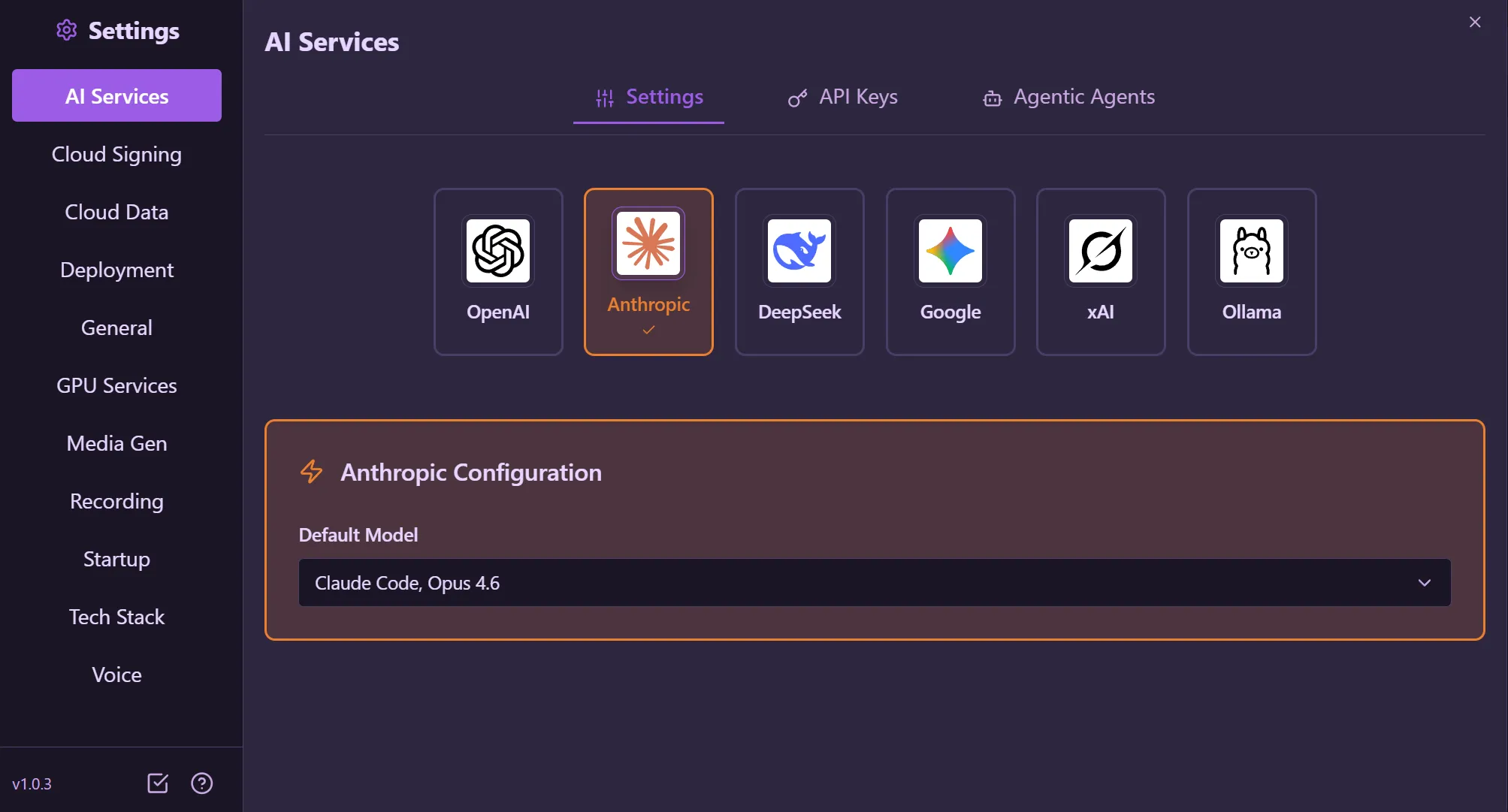 AI Services Settings — provider selection and per-provider configuration