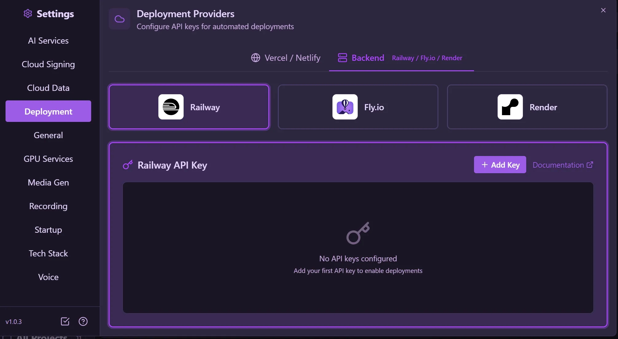 Deployment Providers — Railway, Fly.io, and Render backend hosting with API key management