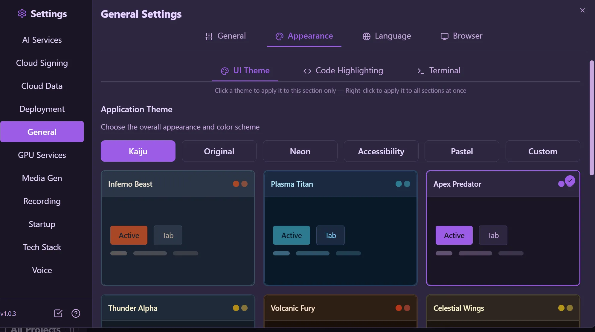 Appearance tab showing UI Theme, Code Highlighting, and Terminal theme categories with Kaiju theme family