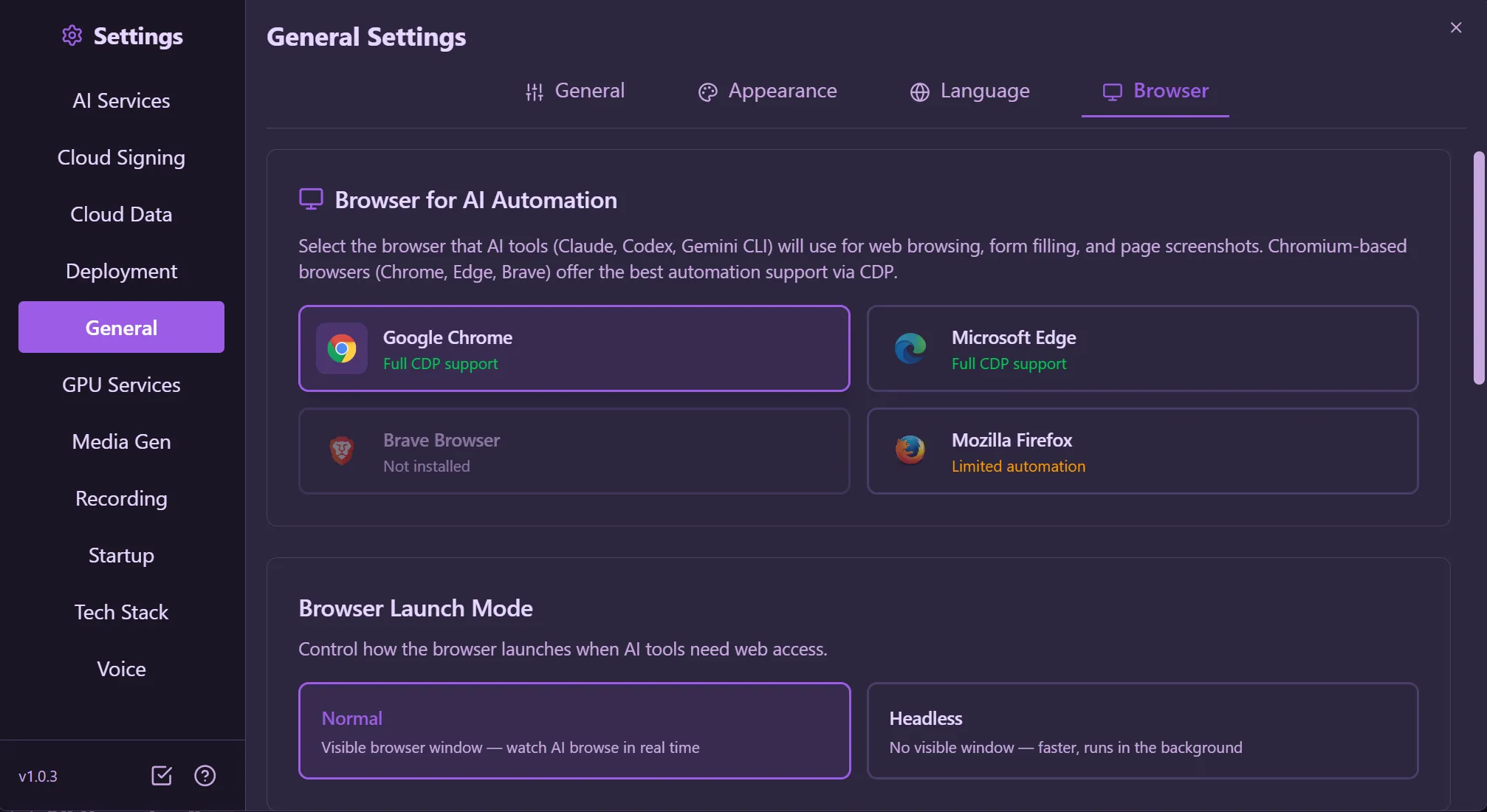 Browser tab showing browser selection for AI automation and launch mode options