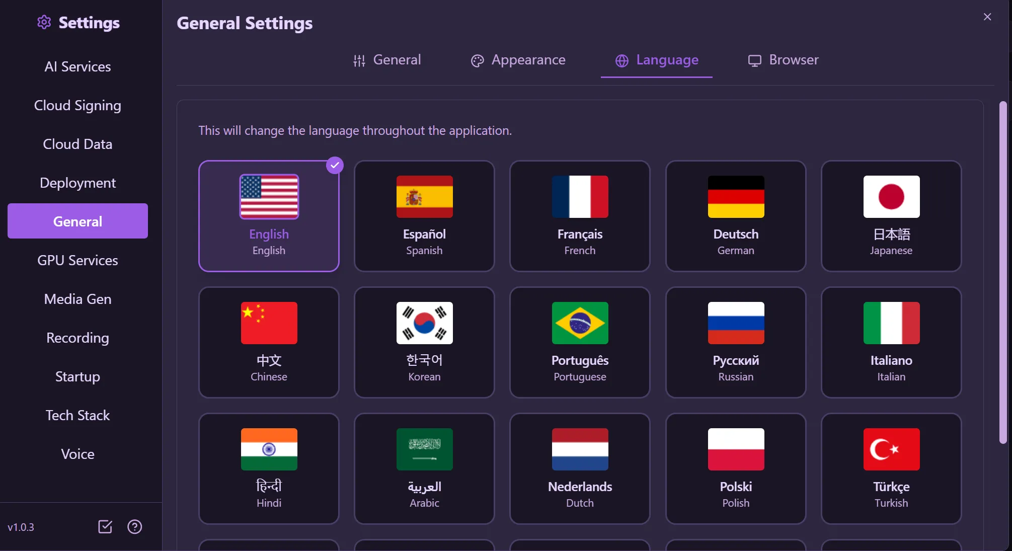 Language tab showing 15 language options with country flags