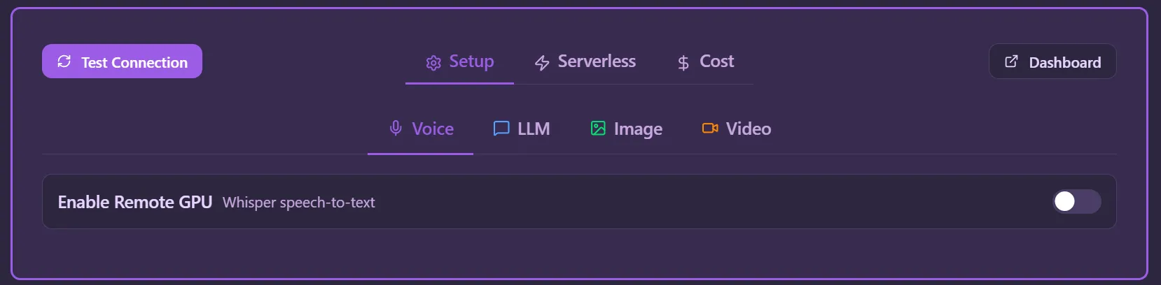 GPU Services — Setup configuration with Voice, LLM, Image, and Video toggle options