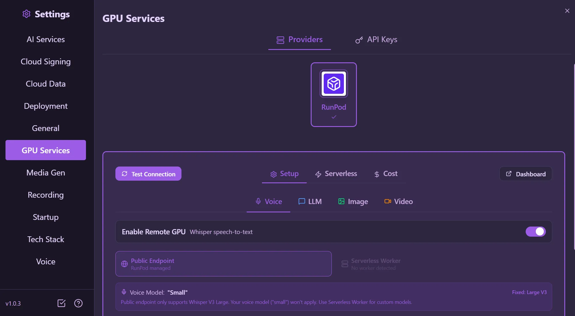 GPU Services — RunPod provider with Setup, Serverless, Cost tabs and Voice/LLM/Image/Video categories