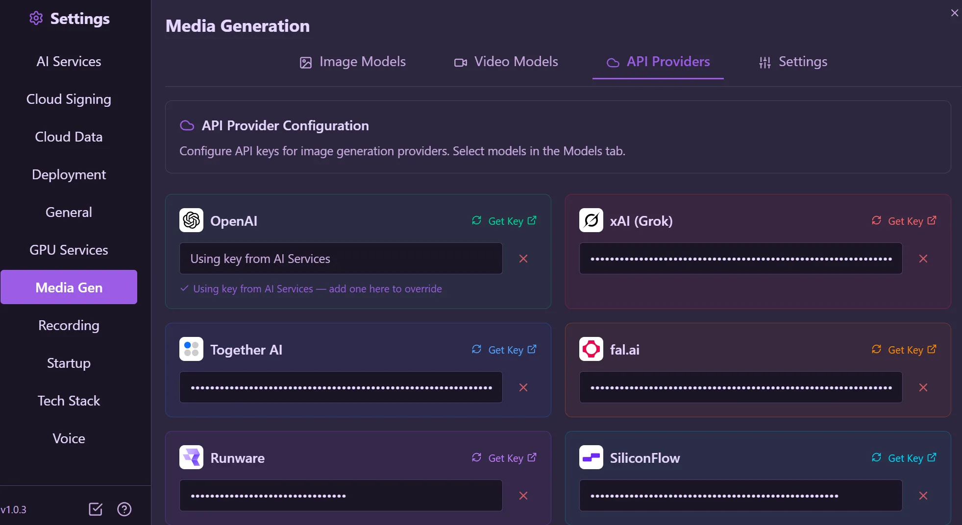 API Providers — configure API keys for OpenAI, xAI, Together AI, fal.ai, Runware, and SiliconFlow