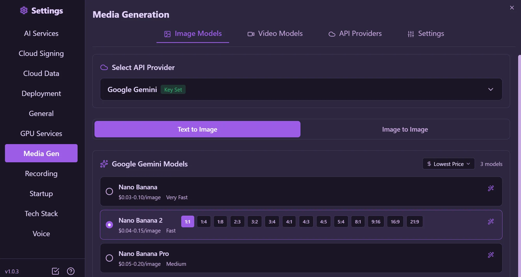 Image Models — API provider selection with Google Gemini models and aspect ratio options