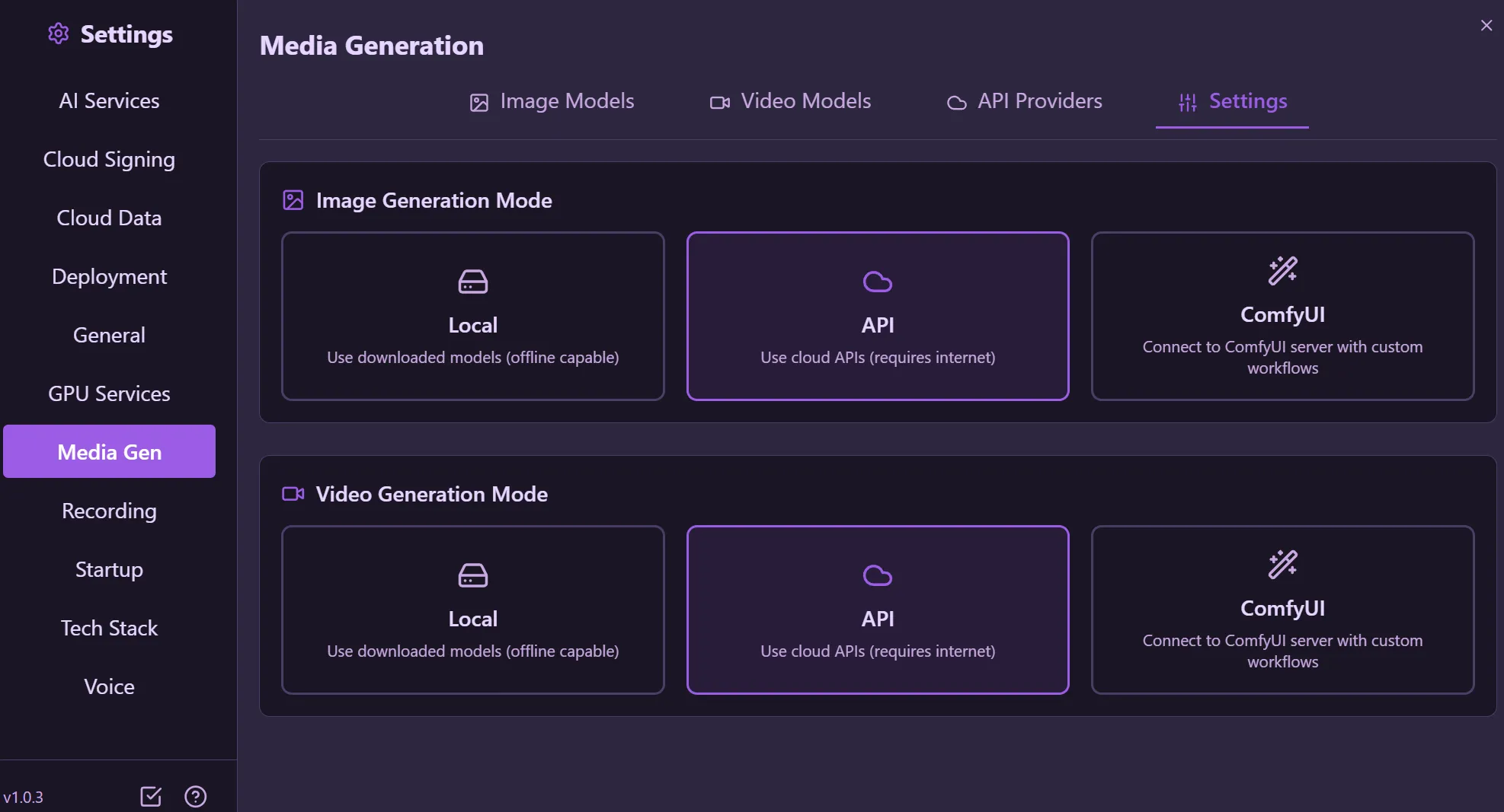 Media Gen Settings — Image and Video generation mode selection (Local, API, ComfyUI)