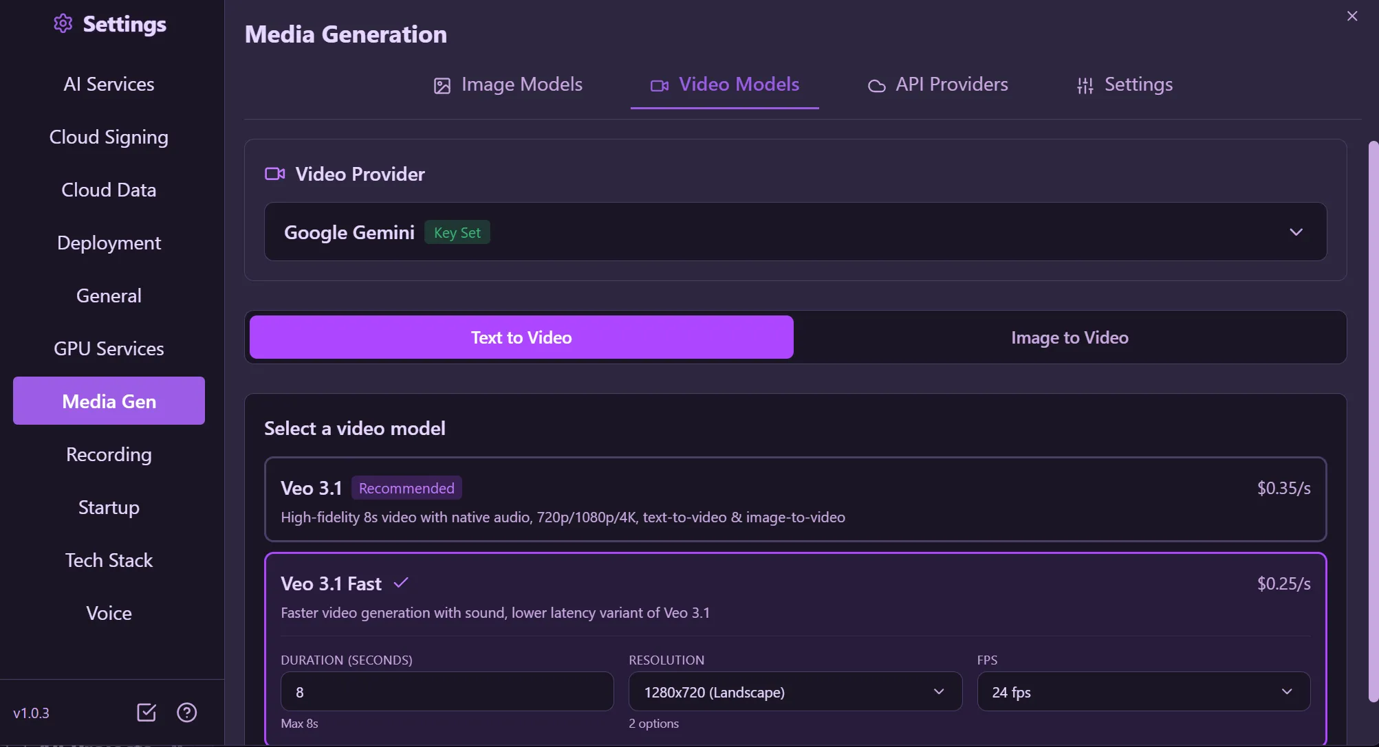 Video Models — Veo 3.1 model selection with duration, resolution, and FPS settings