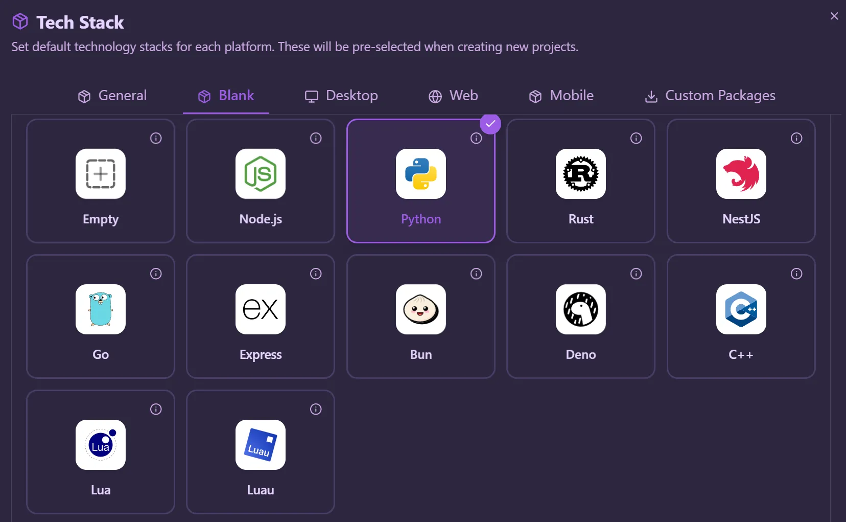 Tech Stack — Blank project Language/Runtime selection grid