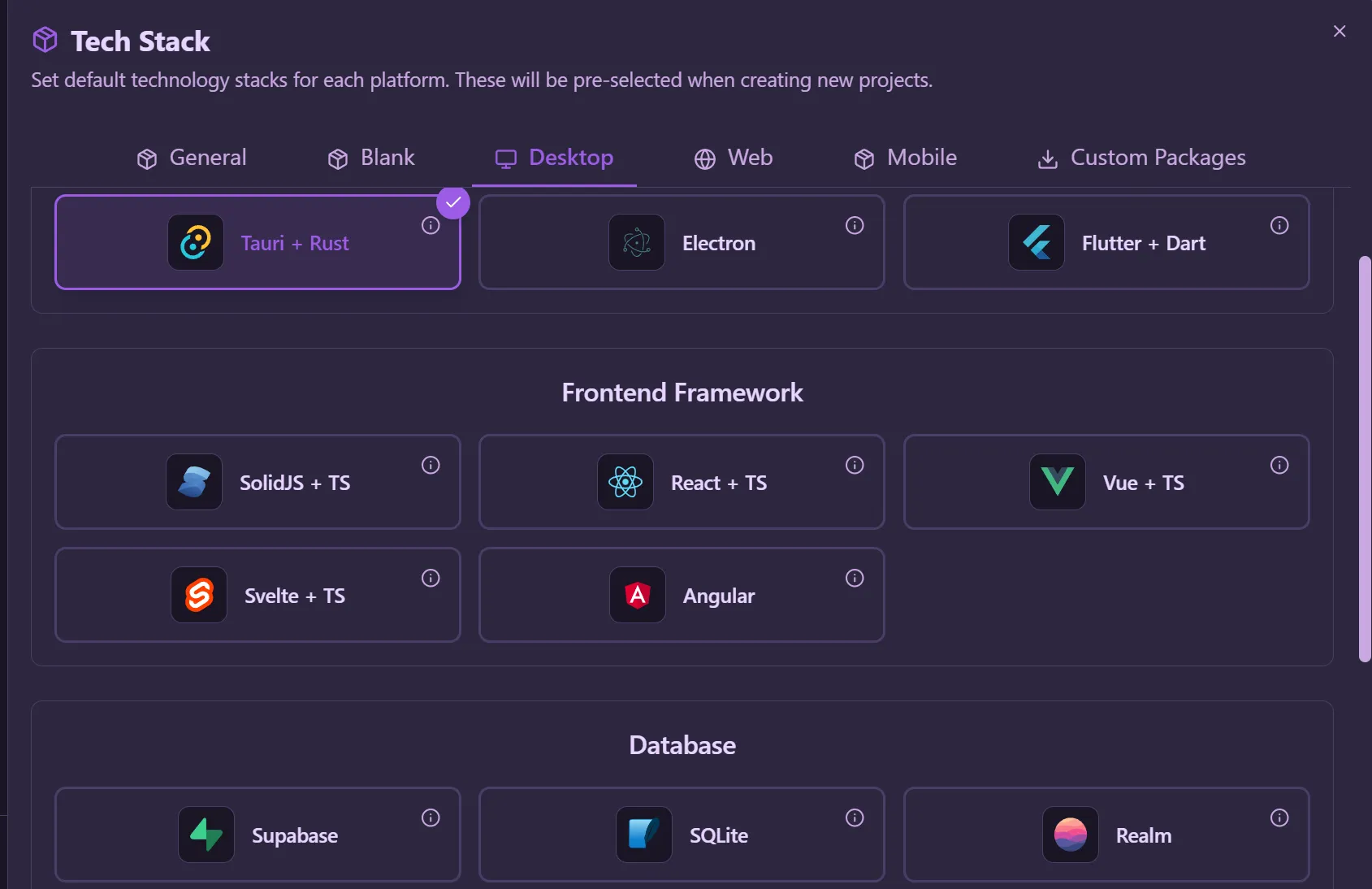 Tech Stack — Desktop with Tauri + Rust, Electron, Flutter + Dart and frontend/database options
