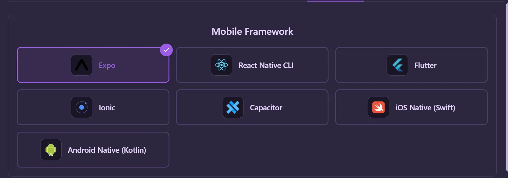 Tech Stack — Mobile frameworks including Expo, React Native, Flutter, and native options