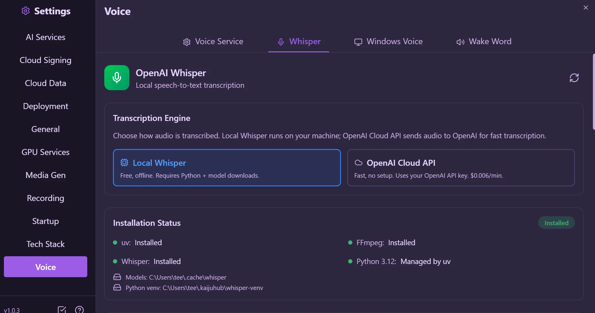 Whisper - گفتار به متن محلی با انتخاب موتور رونویسی و وضعیت نصب