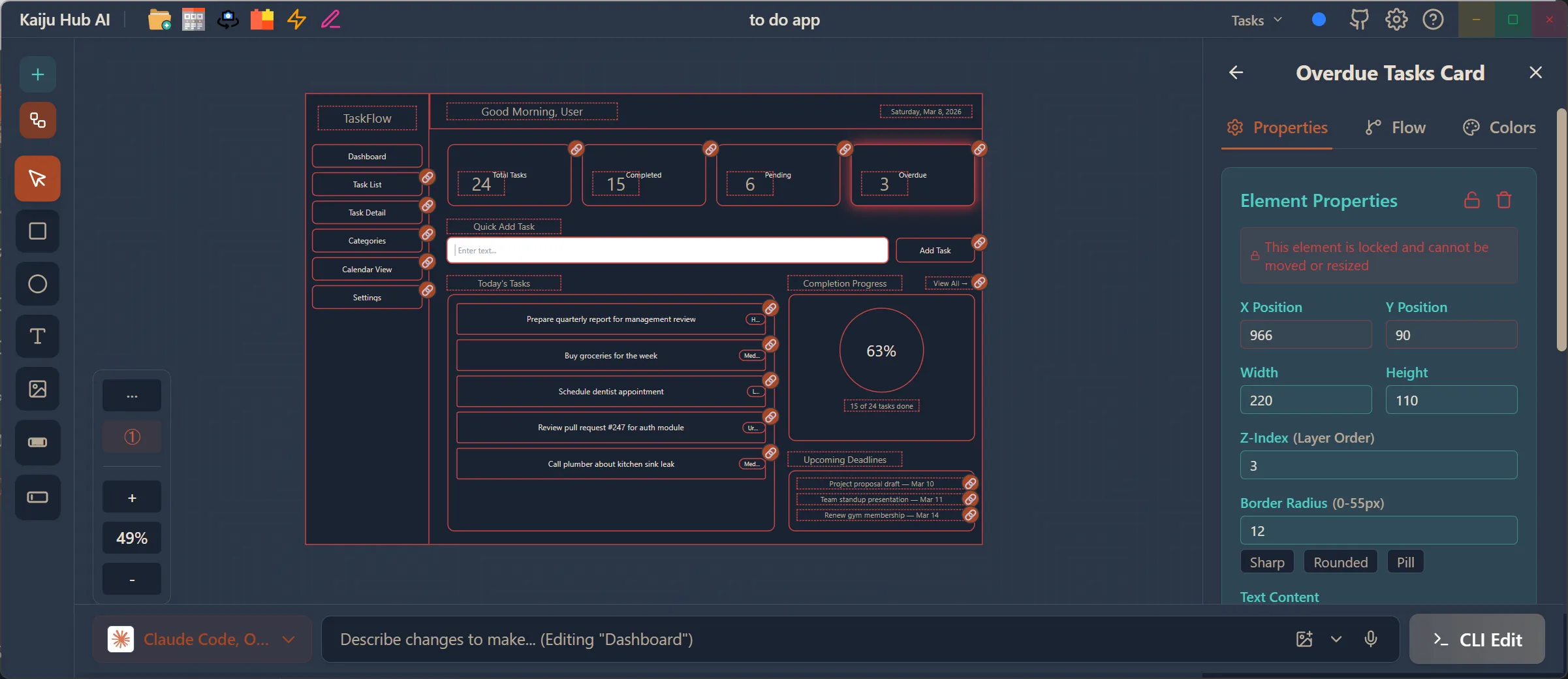 Wireframe canvas editor showing left toolbar, canvas with Dashboard wireframe, right sidebar with element properties, and AI prompt bar