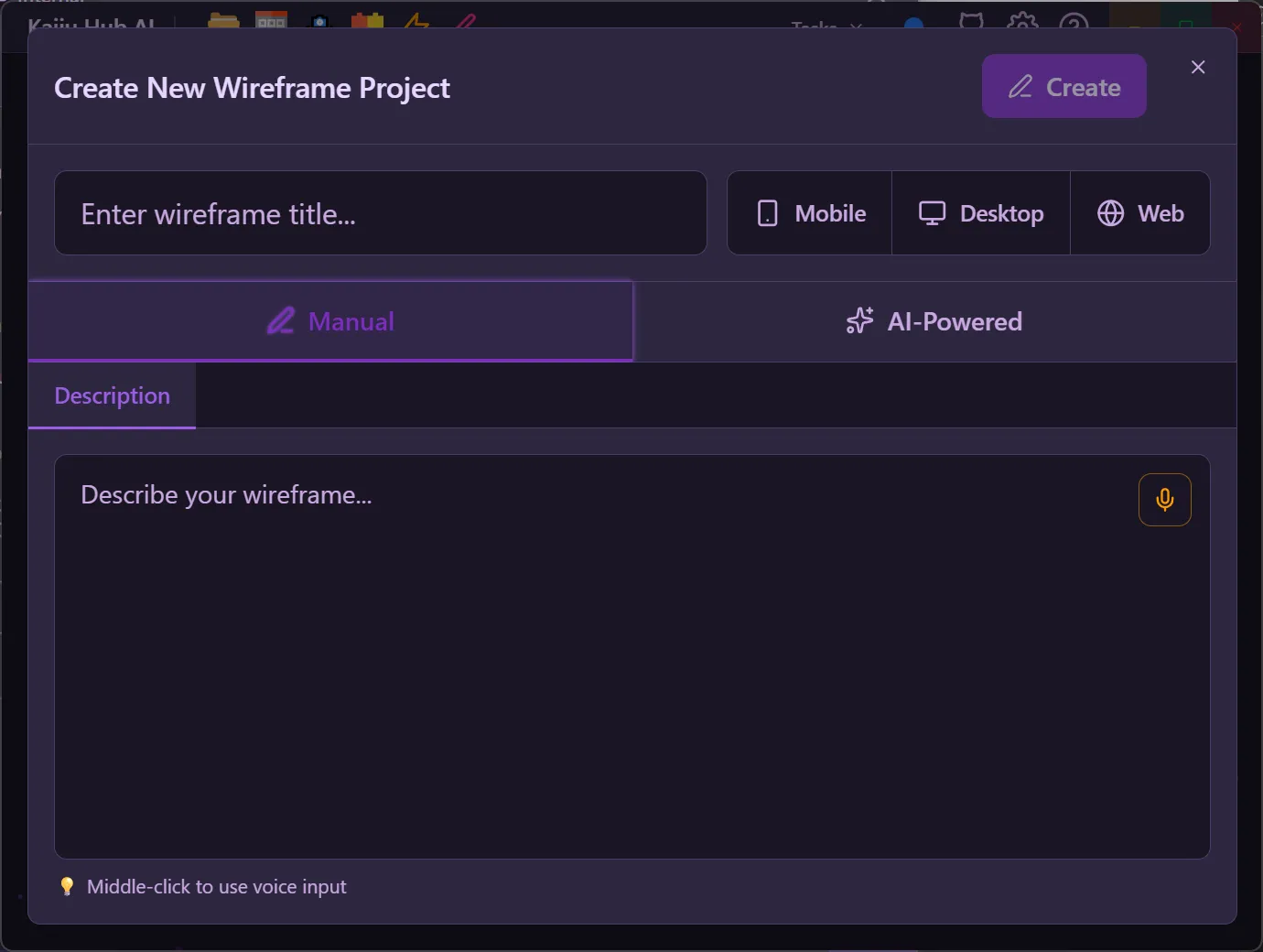 Create New Wireframe Project dialog showing title, platform selection, and Manual/AI-Powered tabs