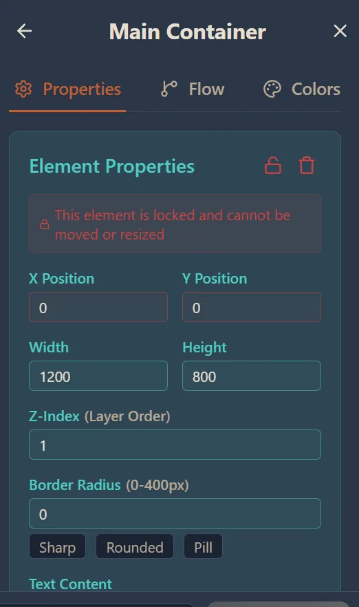 Element Properties panel showing position, size, z-index, border radius, and text content fields for a Main Container element