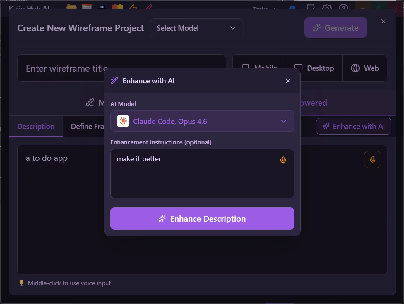 Enhance with AI dialog showing AI Model selection, Enhancement Instructions field, and Enhance Description button