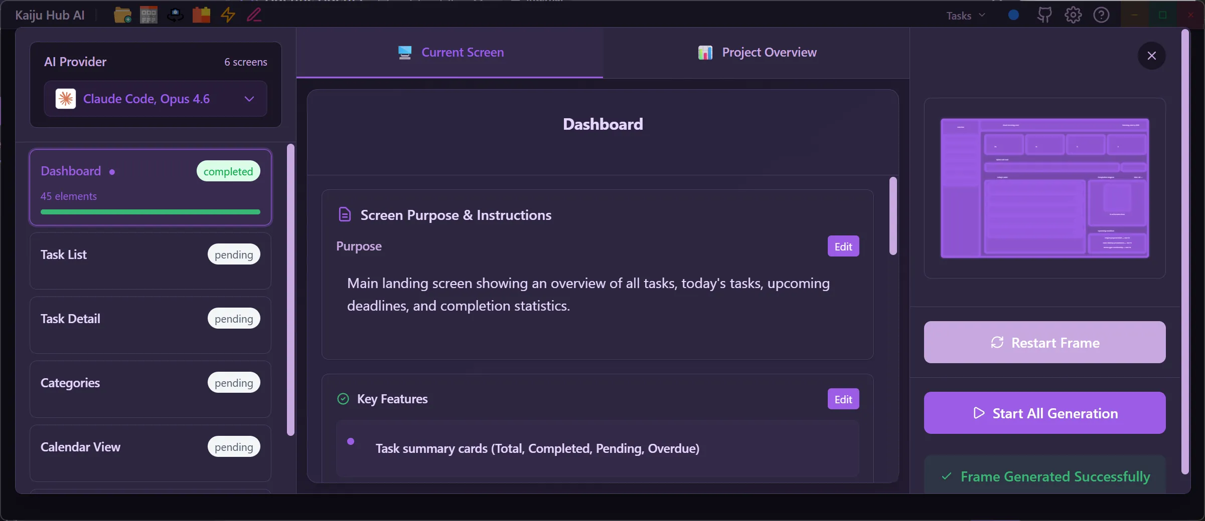 Completed frame showing green completed badge, element count, frame preview, Restart Frame button, and Frame Generated Successfully message