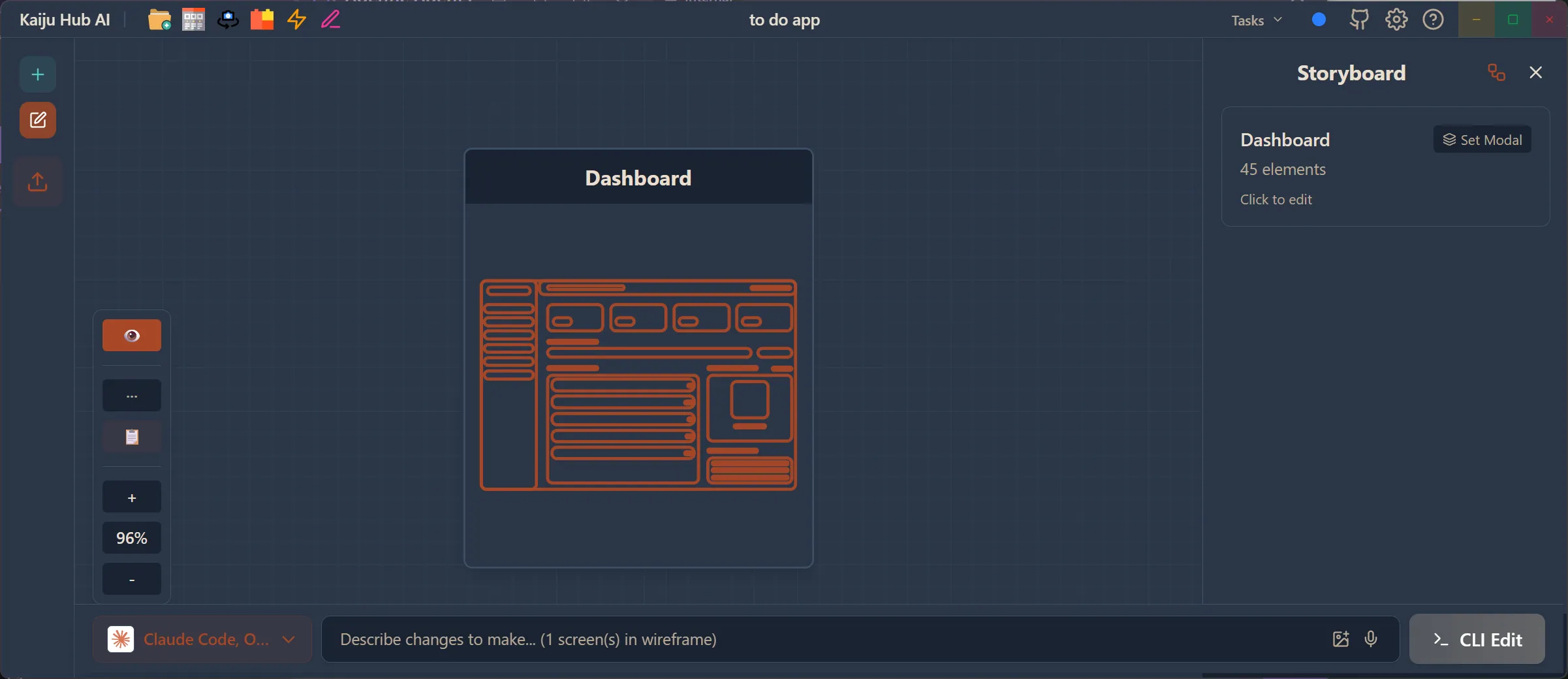 Storyboard view showing Dashboard frame card with 45 elements, zoom controls, and right sidebar with screen list