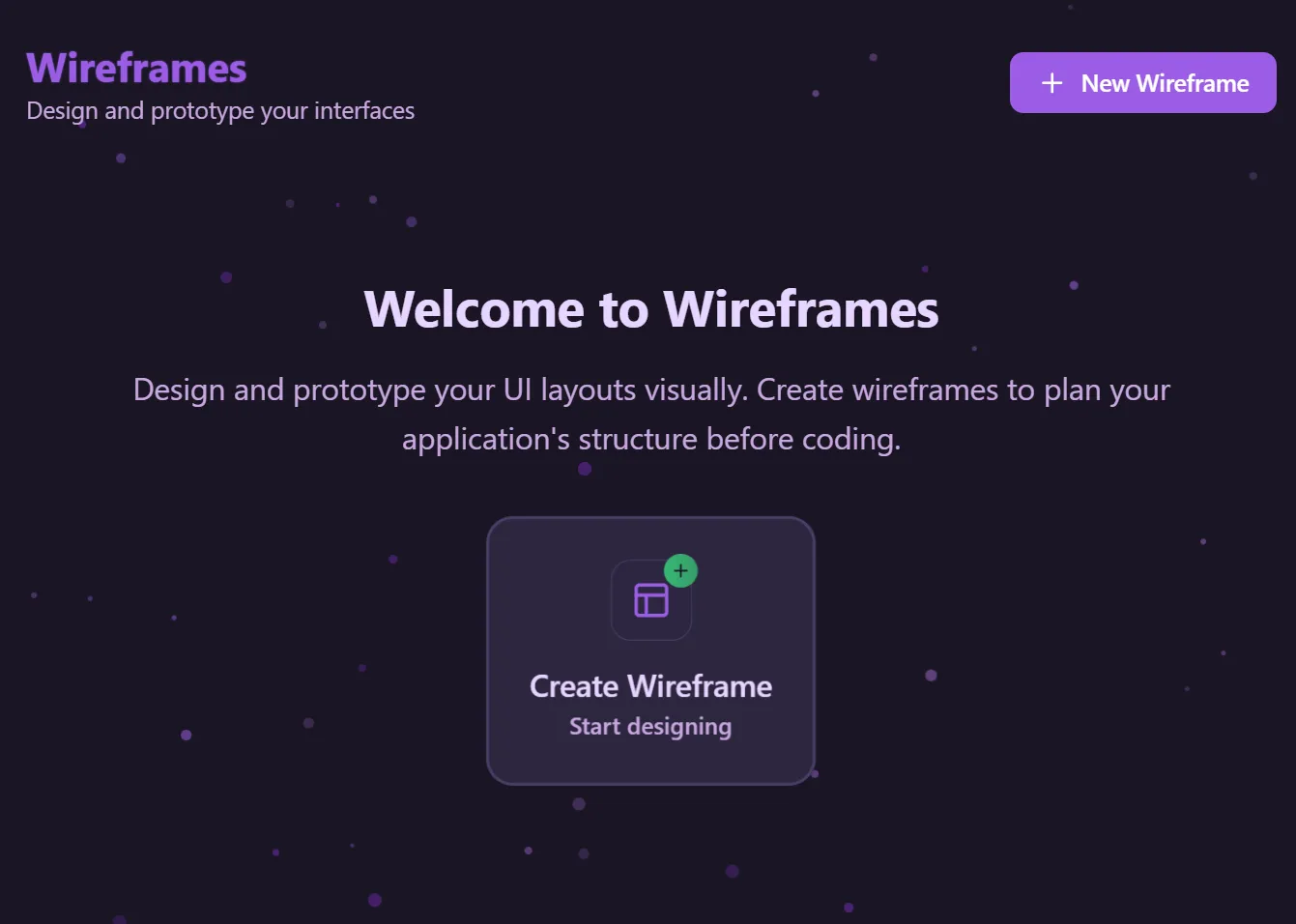 Wireframes welcome screen with Create Wireframe button